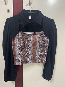 Cute Korean Coller Black Crop Top Size-M