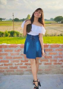 Women Fit And Flare Mini Length White &amp; Blue Dress