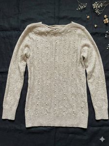 Beige Knit Sweater with Pearl Details
