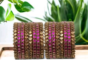 Pink Golden Kundan Bangles
