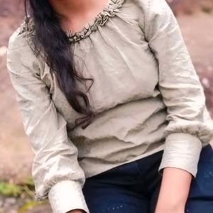 Ruffled Neck Long Sleeve Top