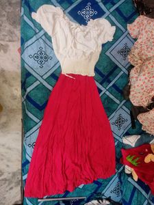 New Stylish White Top &amp; Red Flared Skirt