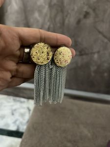 Statement Chain White N Golden Touch  Earrings