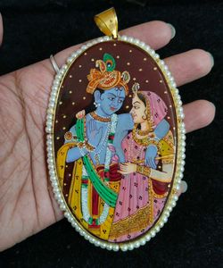 Radha Krishna Hand Painted Semi Precious Pendant