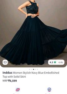 Navy Blue Embellished Crop Top Skirt Set