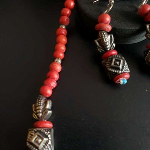 Bohemian Red &amp; Silver Tone Beaded Jewelry Set