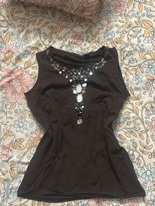 Brown Embellished Tank Top