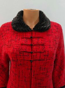Red Embroidered Faux Fur Collar Jacket