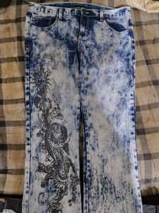 Graphic Print Denim Jeans acid washed