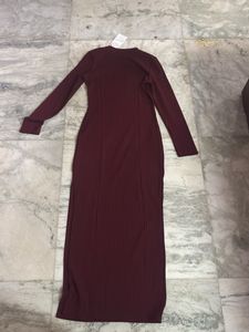 Burgundy Ribbed Knit Maxi Top With Slit