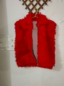 Red Faux Fur Zip Up Vest