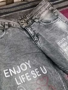 Graphic Printed Grey Denim Jeans