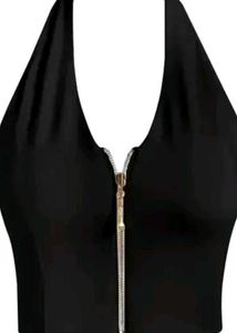 Black Halter Zip Crop Top