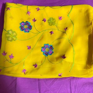 New Yellow Soft Silk Thread Work Saree For Haldi