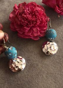 Blue metal ball And silver Thick disc   earrings