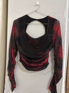 Red & Black Mesh Long Sleeve Top