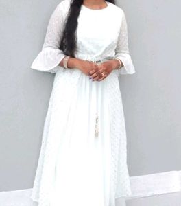 3 Peice White Embroidered Anarkali Suit