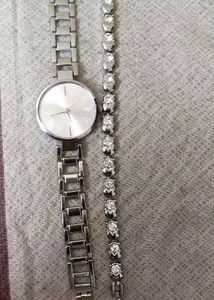 Watch And Bracelet Combo- Silver