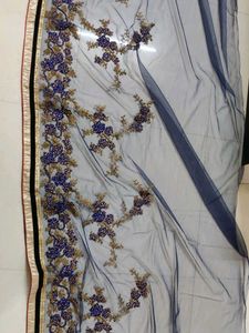 Embroidered Navy Blue And Red Net Saree 💙❤️