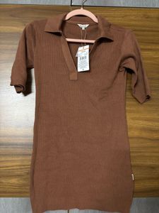 Earth Brown Ribbed Polo Dress