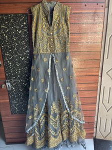 Elegant Grey &amp; Gold Anarkali Kurta Set with embroi