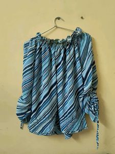 Blue Striped Off-the-Shoulder Blouse