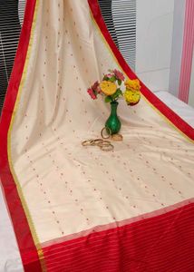 Small butee Cream Saree with Double bright