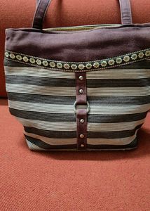 Striped Tote Bag with Floral Detail