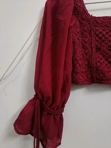 Elegant Red Crochet Puff Sleeve Top