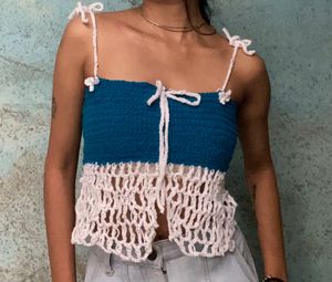 Blue Crochet Tie-Up Top