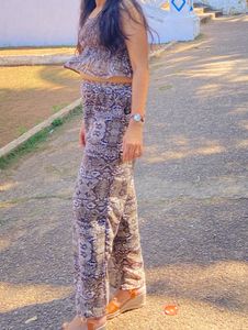 Snakeskin Print Crop Top & Wide Leg Pants Set