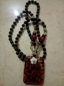Beaded Necklace with Red Pendant