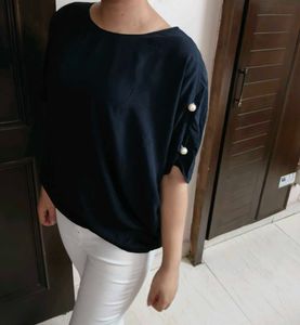 Solezia Women Pearl Sleeve Navy Blue Casual Top