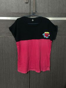 Black & Pink Half-and-Half Cartoon Patch T-shirt