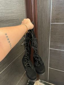 Black Lace-Up Knee High Boots