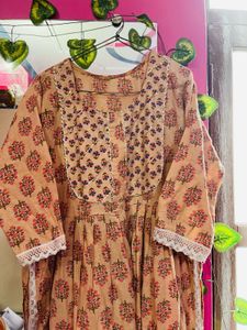 Elegant Beige Floral Cotton Anarkali Kurta