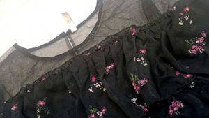 Black Floral Sheer Ruffle Top with Bell Sleeves