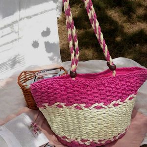 Handmade Pink &amp; White Straw Tote Bag for Women