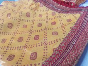 Yellow Bandhani Saree with Red Border❤‍🔥💛❤