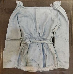 Denim Print Off Shoulder Tunic Top