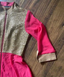 Sequinned Pink &amp; Gold Anarkali Kurta