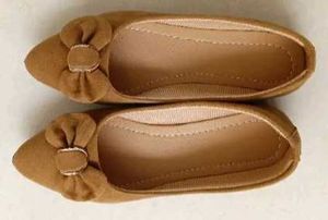 Tan Pointed Toe Flats with Bow Detail