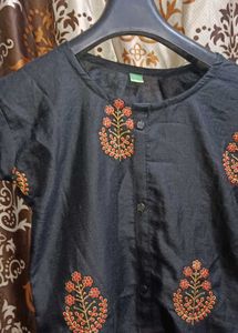 Black Cotton Kurti with Floral Embroidery
