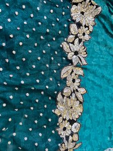 Designer Turquoise Green Saree With Black Net