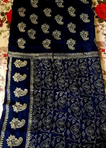 Elegant Navy &amp; Silver Embroidered Fabric New