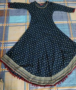 Navy Blue Pom-Pom Trim Midi Dress