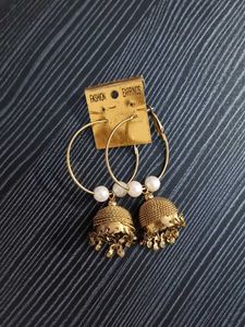 Antique Gold Hoop Jhumkas with Pearl Beads