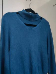 Teal Cutout Neck Long Sleeve Top