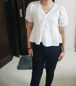 NANING9 Women White V-neck Cotton Peplum Top