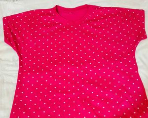 Women Dotted Round Neck Cotton Blend Pink Tshirt